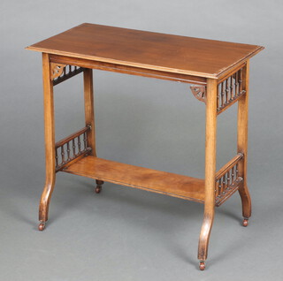 An Edwardian rectangular inlaid mahogany and crossbanded 2 tier occasional table with bobbin decoration 69cm h x 74cm w x 40cm d 
