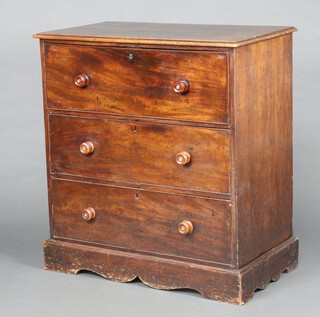 A Victorian rectangular mahogany secretaire chest, the secretaire drawer fitted 6 short drawers and pigeon holes with red inset leather writing surface above 2 long drawers, raised on a platform base 103cm h x 98cm w x 54cm d 