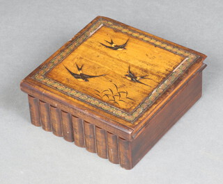 A square inlaid olive wood trinket box, the hinged lid inlaid bluebirds with sliding secret compartment, the front decorated books with sliding secret escutcheon 7cm x 17cm x 17cm 