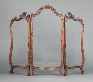 A Victorian carved mahogany and glass triple fold fire screen 105cm x 94cm 
