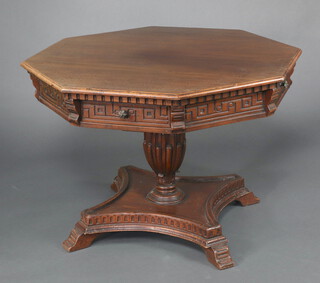 A Victorian style "cherry" octagonal pedestal table, fitted 4 frieze drawers, raised on a reeded column with triform base and scroll feet 79cm h x 111cm w x 111cm d  