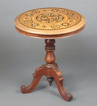 A Victorian circular inlaid walnut snap top occasional table, raised on a turned tripod and column base 70cm h x 58cm diam.  