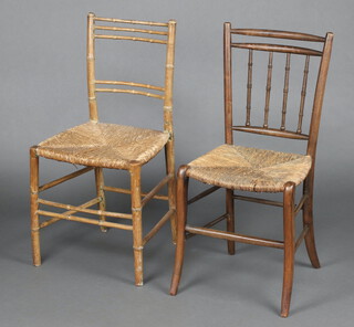 A 19th Century  faux bamboo ladder back bedroom chair with woven rush seat 82cm h x 42cm x 35cm  together with a similar bedroom chair 