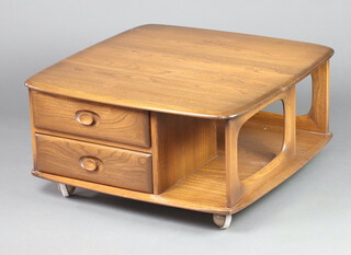 Ercol, a dark elm Windsor coffee table fitted 2 drawers and recesses 40cm h x 80cm x w x 80cm d 