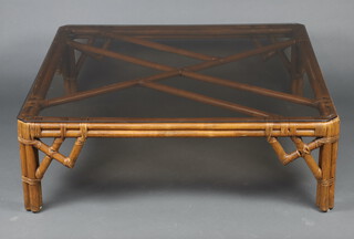 A square bamboo coffee table with plate glass top 40cm h x 121cm w x 121cm 
