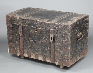A 19th Century pine and iron bound trunk with hinged lid 57cm h x 100cm w x 56cm d 