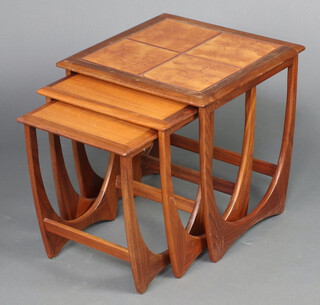 A mid-Century nest of 3 teak Astro style coffee tables with ceramic tiled tops 51cm h x 49cm w x 48cm d 