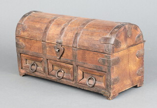 An Eastern domed hardwood and metal bound trinket box, the base fitted 3 drawers 15cm h x 28cm w x 12cm d 