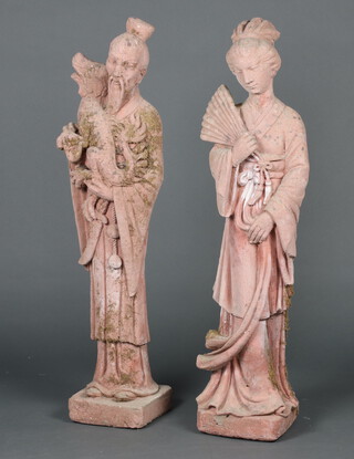 A pair of pink concrete figures of a standing Geisha girl and Mandarin 97cm h x 23cm w x 23cm d 