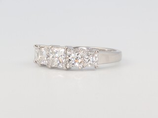 A white metal platinum 5 stone princess cut diamond ring approx. 2ct, 6.1 grams, size L 