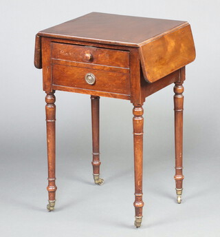 A Victorian mahogany drop flap work table fitted a fall front in the form of 2 long drawers, raised on turned supports, brass caps and casters 77cm h x 45cm w x 43cm d 