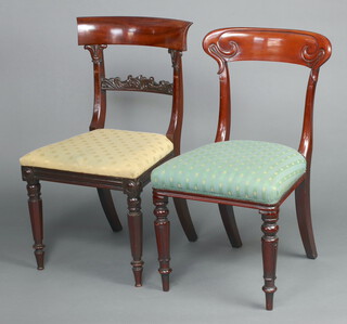 A 19th Century mahogany bar back dining chair with carved mid rail and over stuffed seat, raised on turned supports 86cm h x 47cm w x 44cm d (seat stained) together with a William IV carved mahogany bar back chair with green striped overstuffed seat on turned and fluted supports 85cm h x 46cm w x 44cm d 