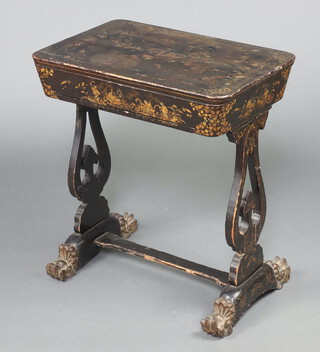 A Regency black lacquered chinoiserie style work table, the interior fitted trays, raised on standard end supports, H framed stretcher and paw feet 70cm h x 61cm w x 40cm d 