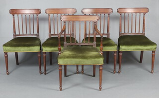 A set of 5 19th Century mahogany stick and bar back dining chairs with over stuffed seats - carver 87cm h x 57cm w x 47cm d and 4 standard chairs  88cm h x 51cm w x 42cm d 