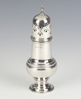 A silver sugar shaker of bulbous form Sheffield 1942, 17cm, 119 grams 