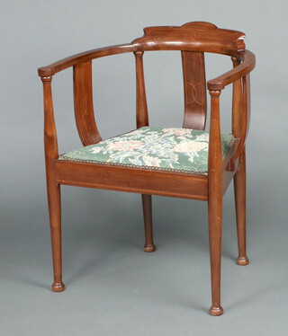 An Edwardian Art Nouveau inlaid mahogany tub back and splat back chair with upholstered seat, raised on club supports 76cm h x 59cm w x 42cm d (seat 23cm x 26cm) 