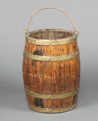 A 19th Century  oak coopered barrel with swing handle 43cm h x 28cm diam. 