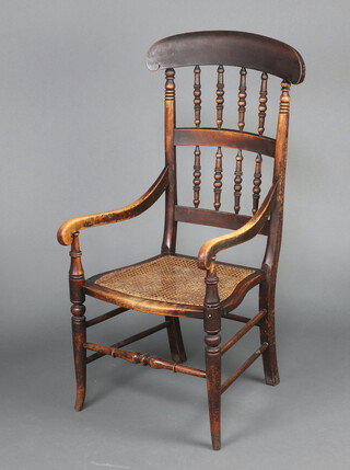 A 19th Century  beech bar back carver chair with bobbin turned decoration and woven cane seat, raised on outswept supports 113cm h x 53cm w x 54cm d (seat 20cm x 27cm) 