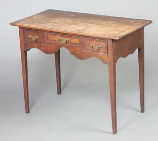 An 18th Century rectangular oak side table fitted 1 long and 2 short drawers, raised on square tapered supports 71cm h x 93cm w x 49cm d 