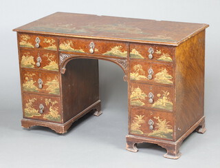 A 1930's chinoiserie style walnut and lacquered dressing table fitted 1 long drawer and 6 short drawers, raised on bracket feet 76cm h x 120cm w x 60cm d 