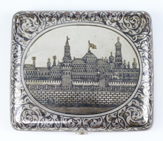 A 19th Century Russian silver Niello cigarette case with scrolling leaves and a view of a palace, 9cm, 139.9 grams 