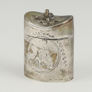 A 19th Century  Continental silver cashew box with bright cut decoration decorated a house, 3.5cm, 16 grams 