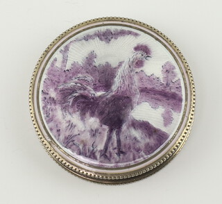 An Edwardian silver and guilloche enamelled pill box decorated with a cockerel London 1910, 5cm 