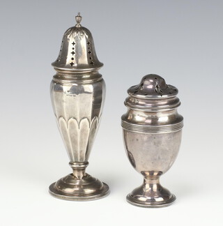 A silver shaker with vase stem, Birmingham 1913, a tapered ditto Birmingham 1912, 135 grams 