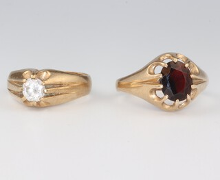 A gentleman's 9ct yellow gold garnet set signet ring, a ditto paste ring size P and U 1/2, 12.2 grams gross 