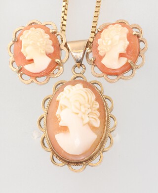 A 9ct yellow gold cameo pendant on a ditto 36cm chain together with 2 9ct mounted cameo studs 