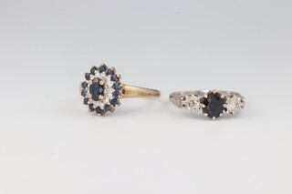 A white metal 18ct sapphire and diamond ring 3.6 grams, size N and a 9ct yellow gold cluster ring 2.2 grams, size P 