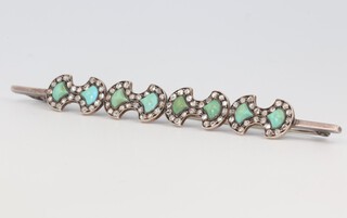 An Edwardian yellow and white metal bar brooch set with turquoise and mine cut diamonds 7.9 grams, 87mm 
