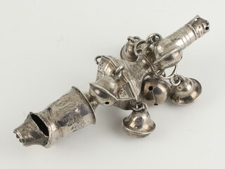 A Georgian silver rattle, whistle and teether with engraved decoration, rubbed marks, maker Peter and Anne Bateman 