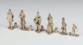 A set of 6 cast silver menu holders in the form of street vendors, maker Thomas Charles Jarvis, London 1978, 6cm, 234 grams 