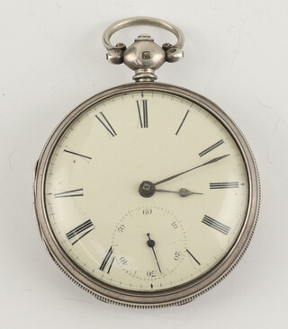A Victorian silver key wind pocket watch with seconds at 6 o'clock, Birmingham 1839 contained in a 50mm case 