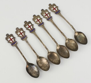 Six silver and enamelled teaspoons Birmingham 1969, 99 grams 
