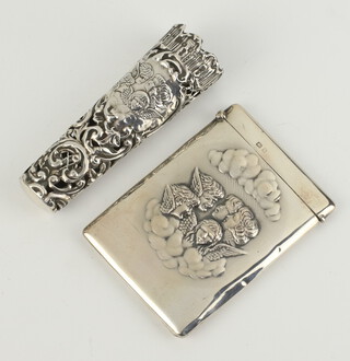 An Edwardian repousse silver card case decorated with Reynolds Angels Birmingham 1905 together with a ditto posy holder 73 grams 
