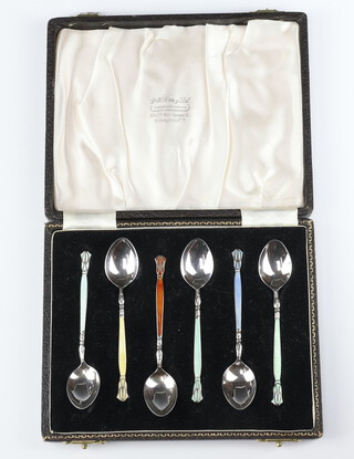 A set of 6 silver and guilloche enamel coffee spoons Birmingham 1954, 53 grams