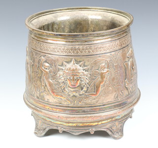 A mid Victorian ex-plated Elkington jardiniere decorated with classical figures, raised on scroll feet with mask decoration 30cm 