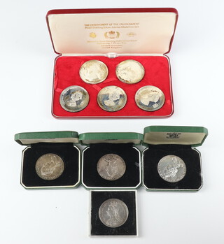 A set of 5 silver commemorative medallions no.131/7500, 3 silver National Trust medallions and an 1887 crown, 332 grams 