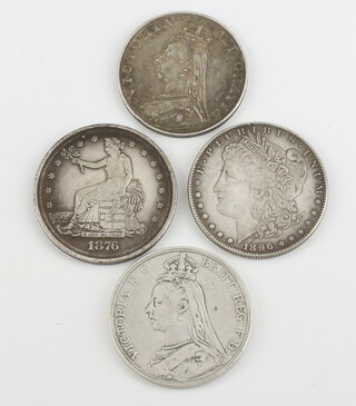 An 1889 crown, an 1887 double florin and 2 one dollar coins 