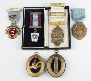 Masonic, two silver gilt Provincial Grand Officers collar jewels, Essex Past Junior Warden Past Deacon, Mark Master Masons dress jewel, Royal Arch jewel, charity jewel and a Second World War charity jewel 
