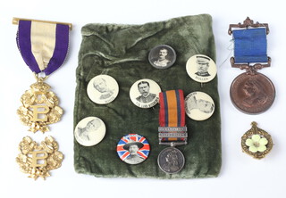 Queen's South Africa miniature medal, a Primrose League jewel, Victorian Unofficial Jubilee medal and 7 Boer War propaganda pins 
