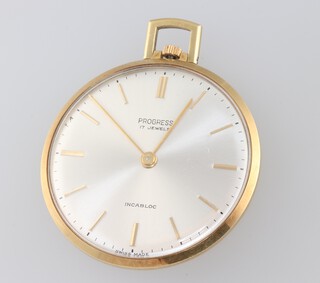 An 18ct yellow gold Progress dress pocket watch contained in a 40mm case, the back weighing 7.8 grams, in working order 