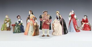 A Royal Doulton limited edition of 9500 figure group of Henry VIII and his 6 wives complete with certificates, King Henry VIII HN3458 no 2205, Catherine of Aragon HN3233 no 6778, Anne Boleyn HN3232 no 7962, Jane Seymour HN3349 no 4161, Anne of Cleves HN3356 no 3925, Catherine Howard HN3449 no 3736, Catherine Parr HN3450 no 3648, all modelled by Pauline Parsons 