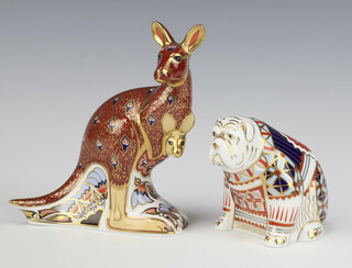 Two Royal Crown Derby Imari pattern paperweights - seated bulldog with gold stopper base marked LIV 3cm, kangaroo and joey base with gold stopper MMV 14.5cm (boxed) 