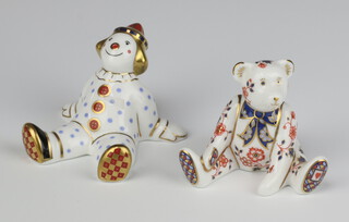 Two Royal Crown Derby Imari pattern paperweights - Spotty Clown base marked MMV 7cm, seated teddy bear, (both have no stoppers) 6cm 