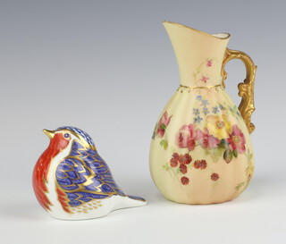 A Royal Crown Derby Imari pattern paperweight - seated Robin LVIII with silver stopper 6cm together with a Victorian Royal Worcester blush ivory and floral patterned jug with green Worcester mark 1436 13cm 