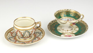 Chamberlains Worcester, a reticulated porcelain cabinet cup and saucer, base marked 1 1 1121, together with a  Continental porcelain cabinet cup and saucer decorated figures base marked  HB 