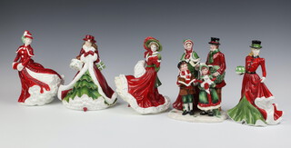 Four Royal Doulton Christmas Day figures 2003, 2005, 2006 and 2010 together with a pottery figure group of Carol Singers, complete with certificates 